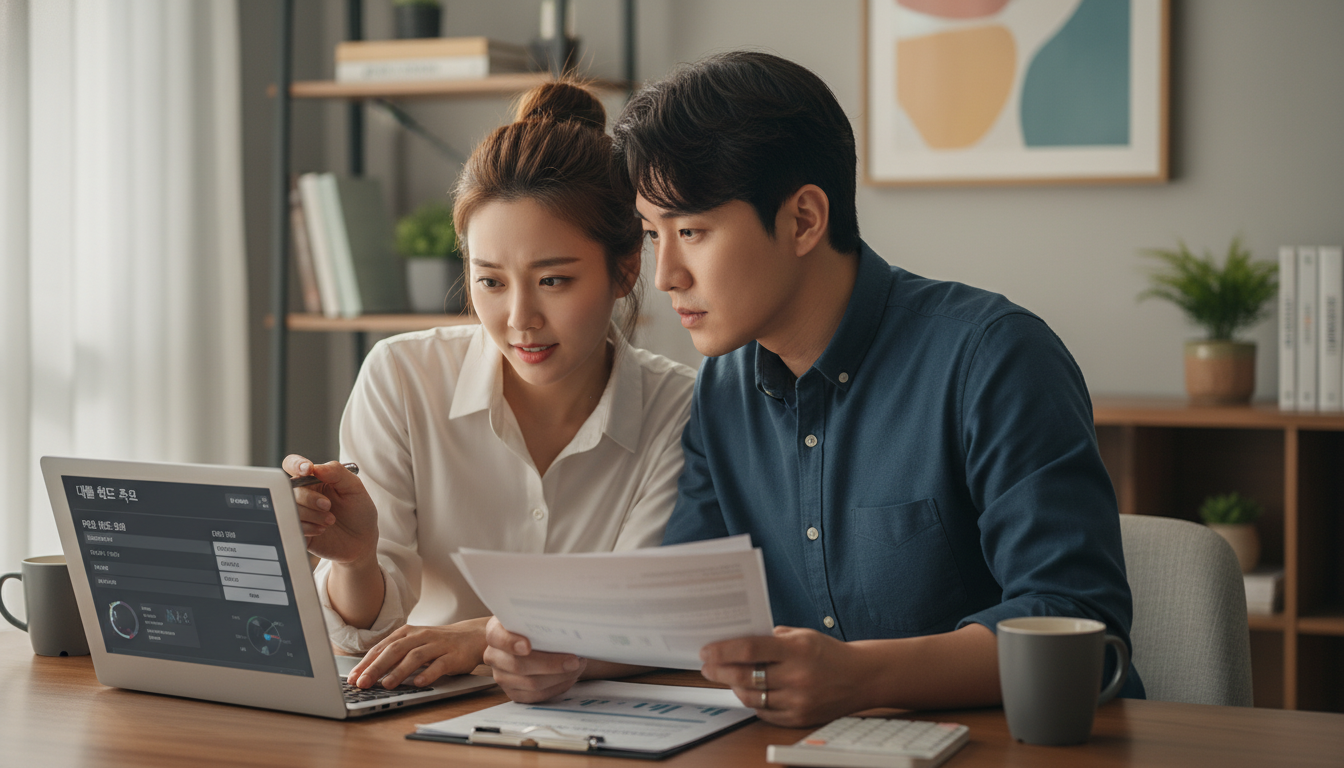 내 집 마련을 위해 DSR 대출 한도 계산 화면을 진지하게 검토하며 재정 계획을 세우는 30대 부부.