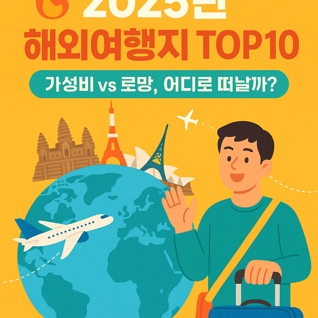2025년 해외여행지 TOP10을 소개하는 썸네일 이미지. 지구본을 중심으로 앙코르와트, 에펠탑, 시드니 오페라하우스 등의 랜드마크가 배치되어 있으며 여행자가 캐리어를 들고 출발하는 장면이 묘사됨.