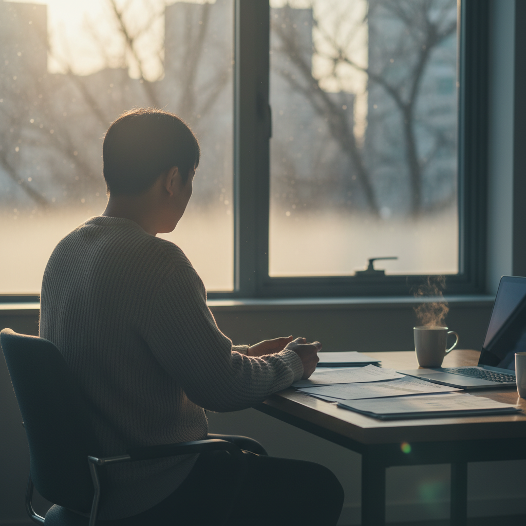 새벽 햇빛이 들어오는 조용한 방에서 창가 책상 앞에 앉아 연말정산 준비를 떠올리는 직장인의 고요한 모습