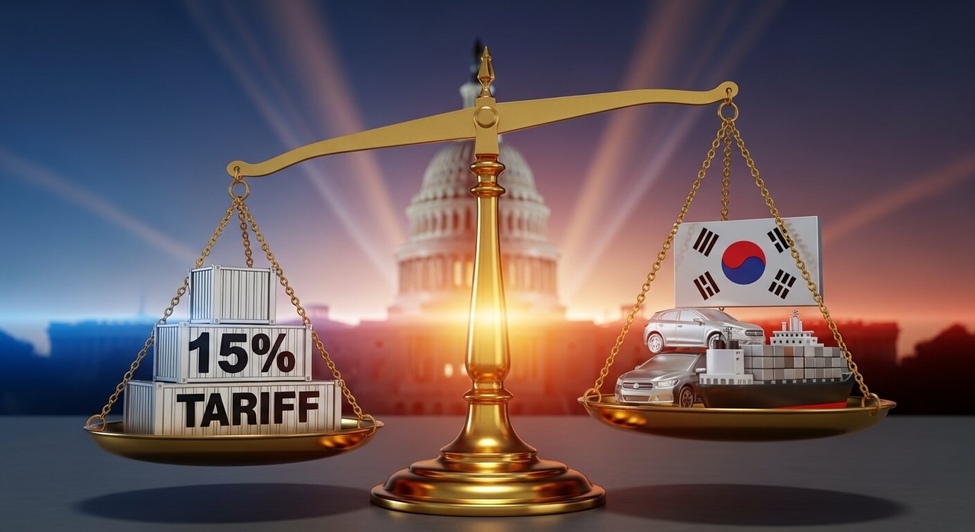 양팔저울위에 한쪽에는 15% 관세 와 다른쪽엔 태극기,자동차,콘테이너선이 올라가 있다