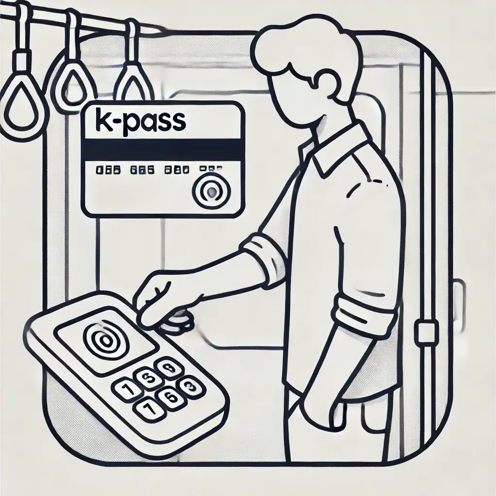 대중교통에서 K-패스 카드를 태그하는 남자의 일러스트.