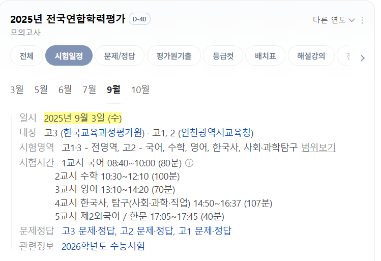 2025 9모 등급컷 전체 개요