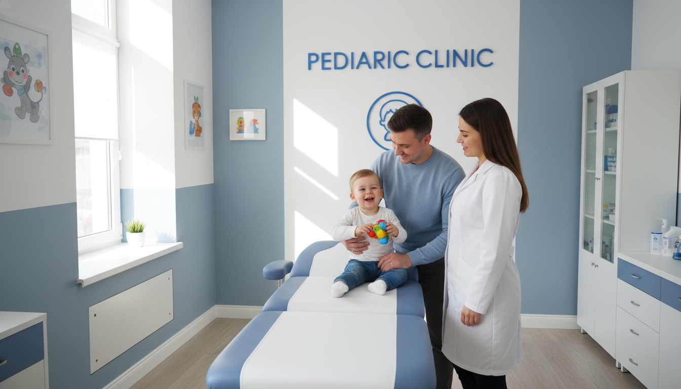 소아과 진료실에서 부모가 아이를 안심시키고 있는 따뜻한 모습의 일러스트