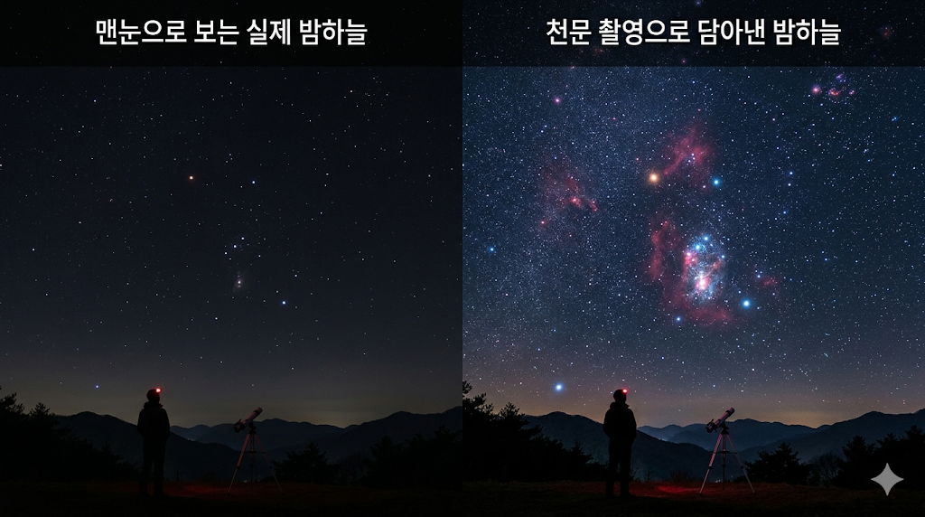 천문 사진은 왜 눈으로 보는 하늘과 다르게 보일까? 관측과 촬영의 차이 이해하기