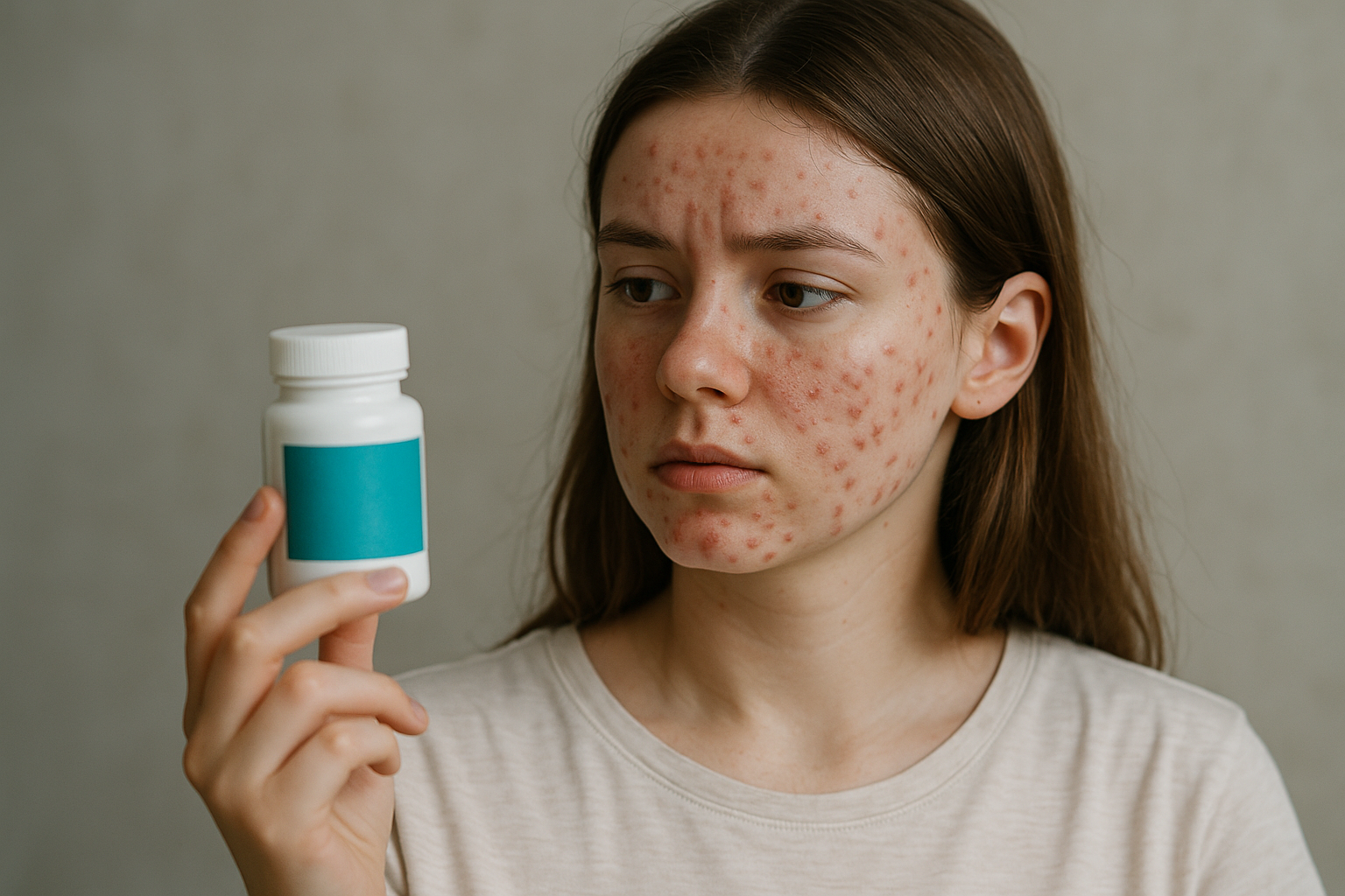 항생제를 먹을까 고민하는 여성 사진