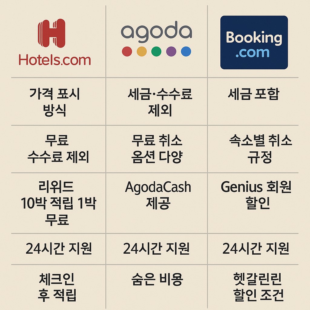 호텔스닷컴·아고다·부킹닷컴 비교 요약: 가격 표시 방식, 취소 정책, 리워드, 고객센터, 단점 인포그래픽