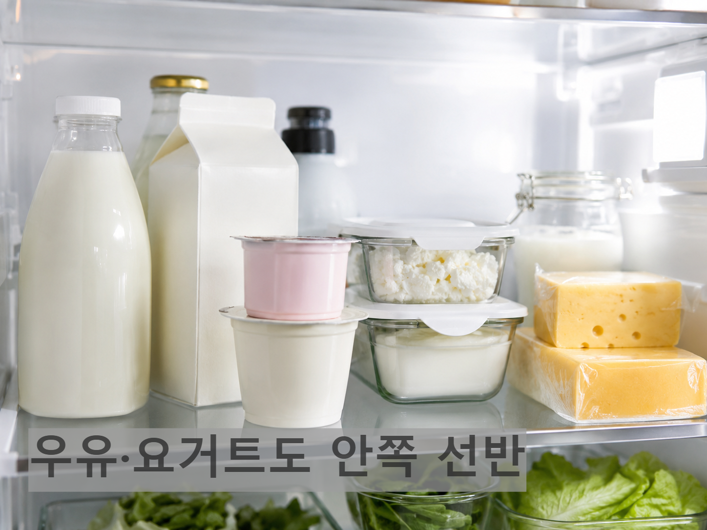 우유와 유제품을 냉장고 안쪽 선반에 보관한 이미지