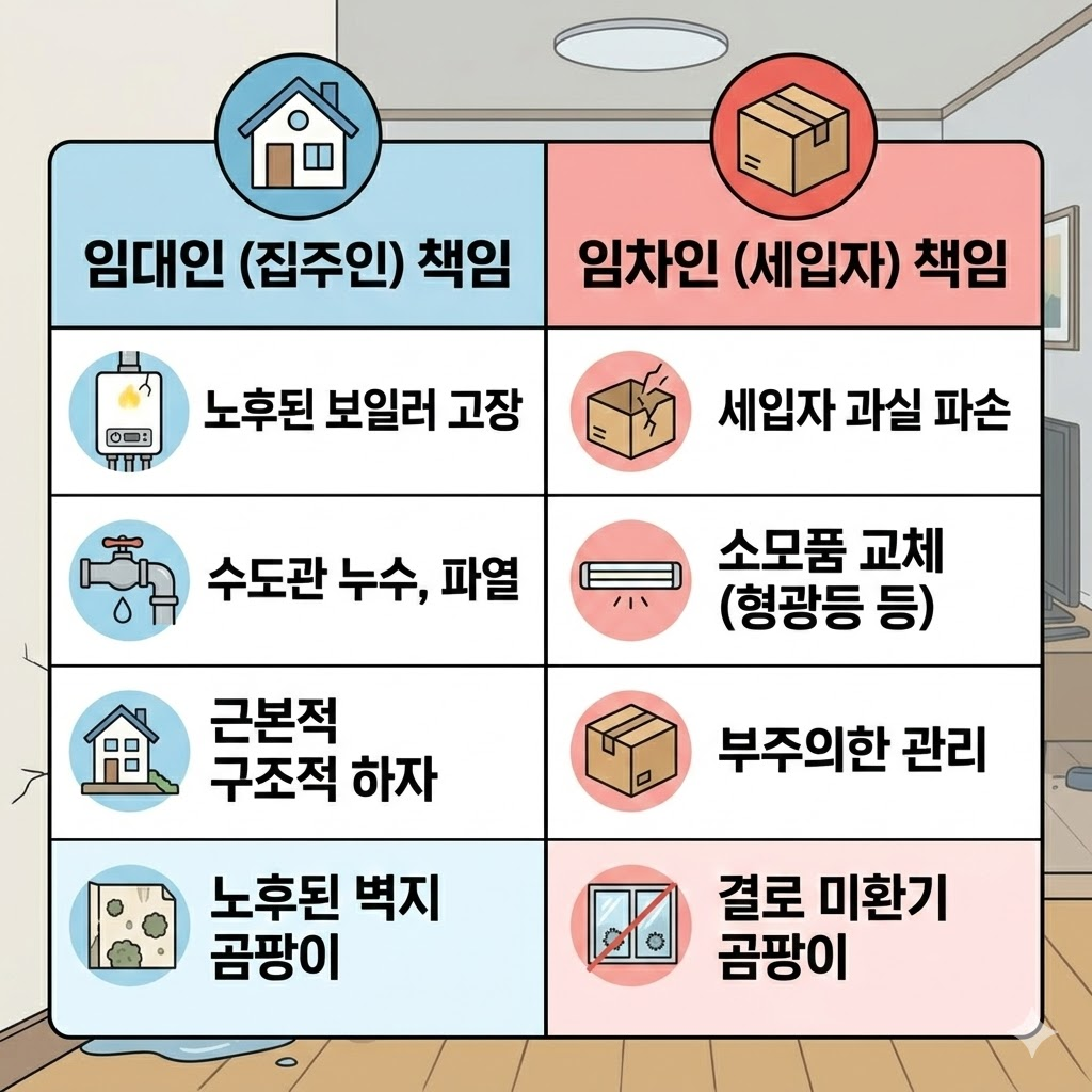 임대인 vs 임차인 책임 비교 인포그래픽 (노후/구조물 vs 과실/소모품)