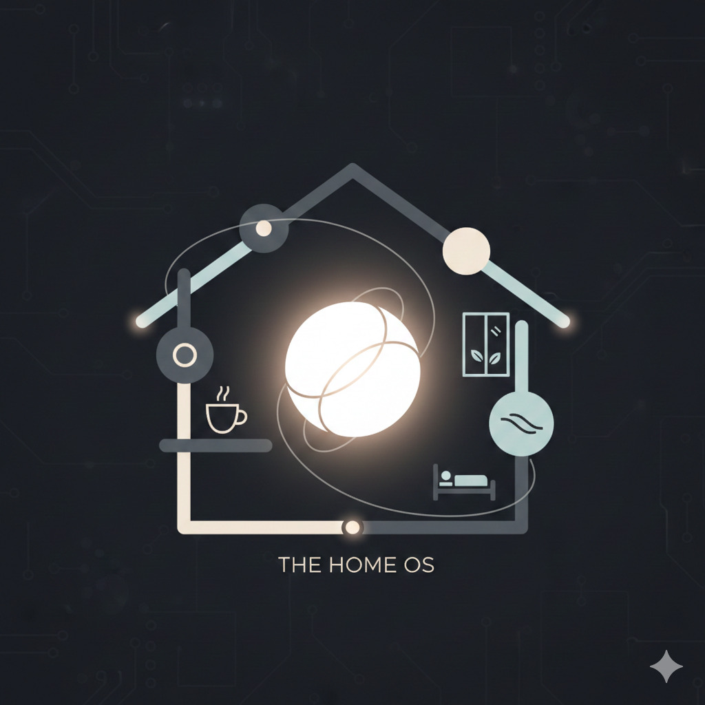 삼성 스마트싱스와 애플 홈킷이 결합된 미래 지능형 주거 공간의 추상적 아이콘 이미지, AI 에이전트와 홈 OS의 연결성을 상징하는 미니멀한 그래픽