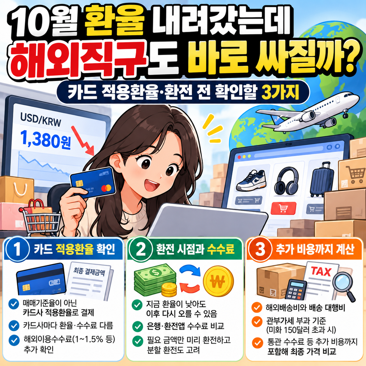 10월 환율 내려갔는데 해외직구도 바로 싸질까? 카드 적용환율·환전 전 확인할 3가지