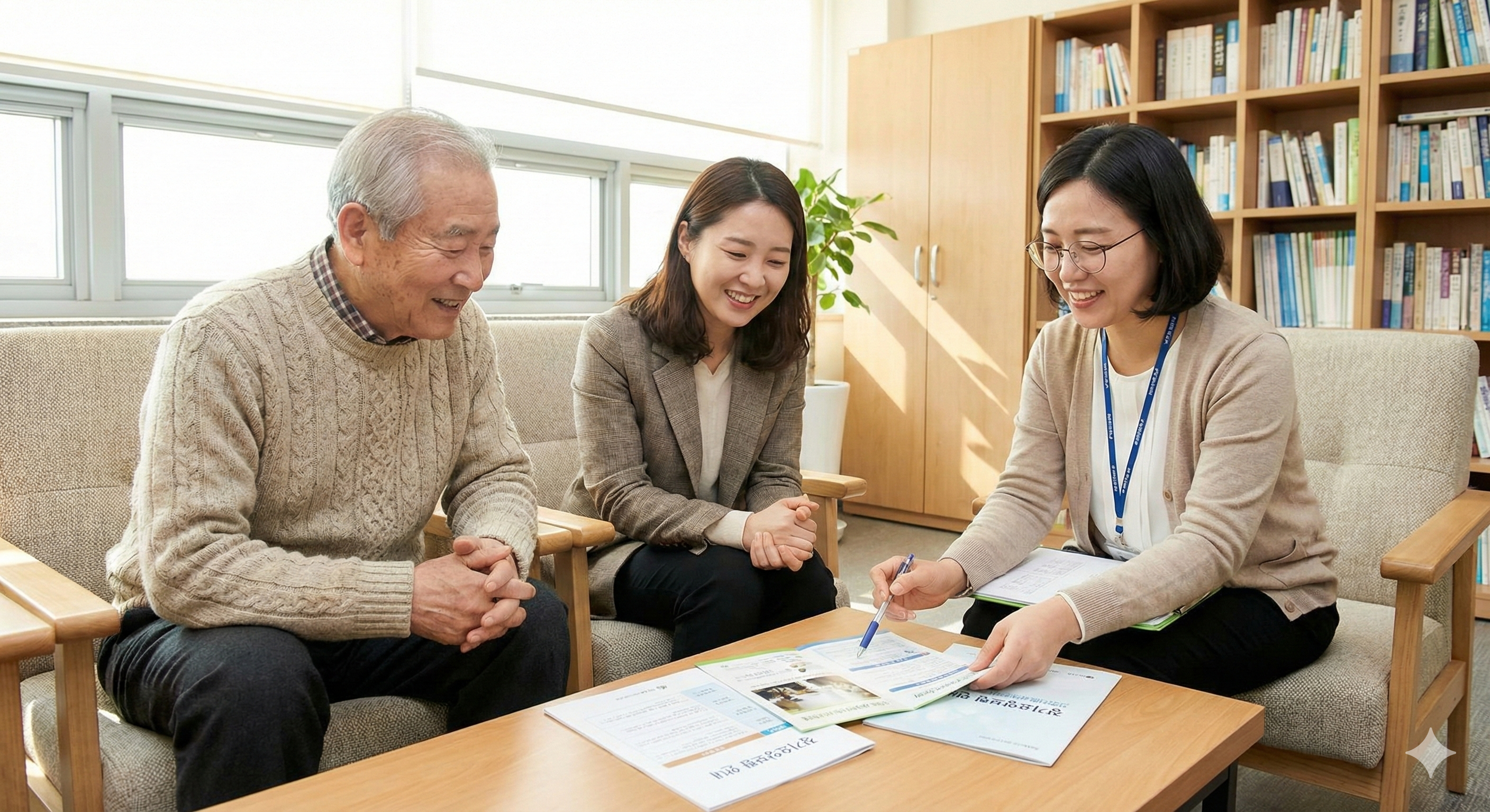 노인장기요양보험 등급 판정 상담을 받는 어르신과 가족