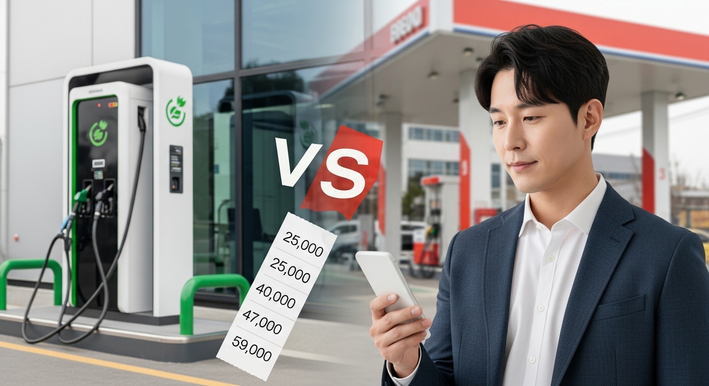 전기차와 하이브리드의 유지비 지출 내역을 고민하는 한국인 남성의 모습