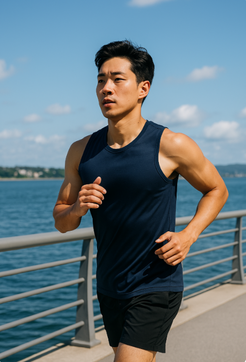 강을 배경으로 달리기 하는 젊은 동양인 남성