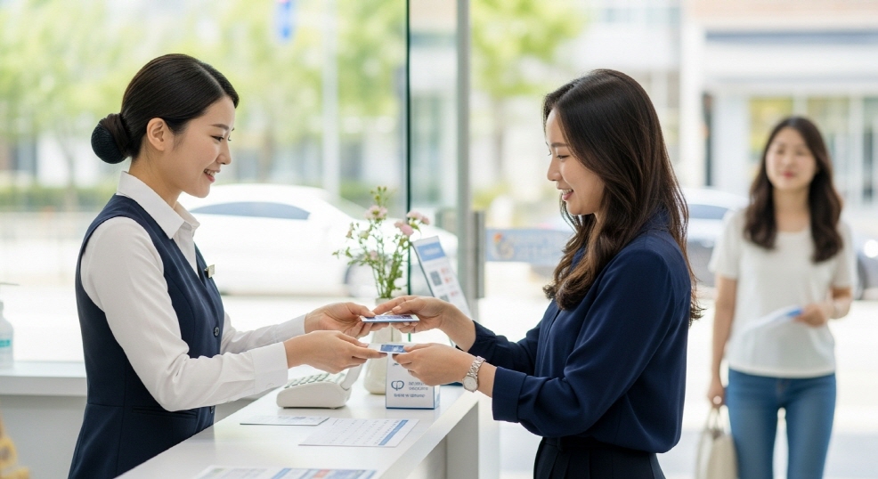 직원이 카드 결제 도와주는 장면