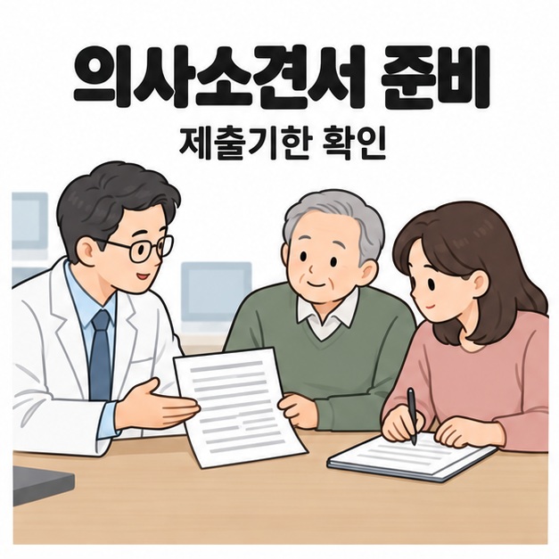 의사소견서 준비와 제출기한 확인 문구 아래 노년 남성과 보호자가 의료진의 서류 설명을 듣는 모습