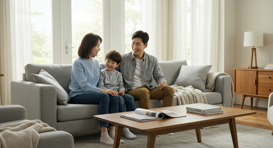 가족이 함께 대화하며 웃는 장면