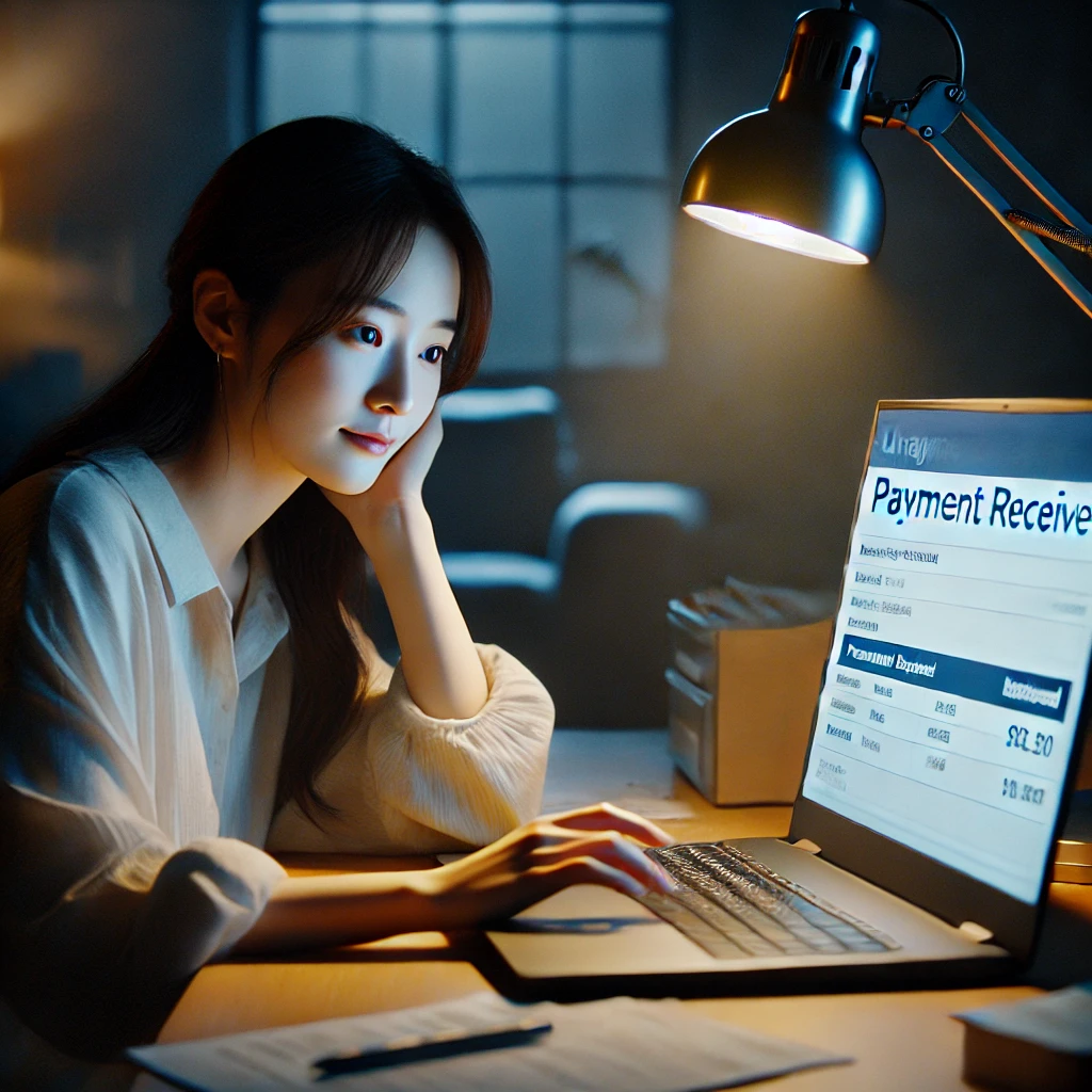 실업급여 입금을 확인하고 안도하는 한국 여성