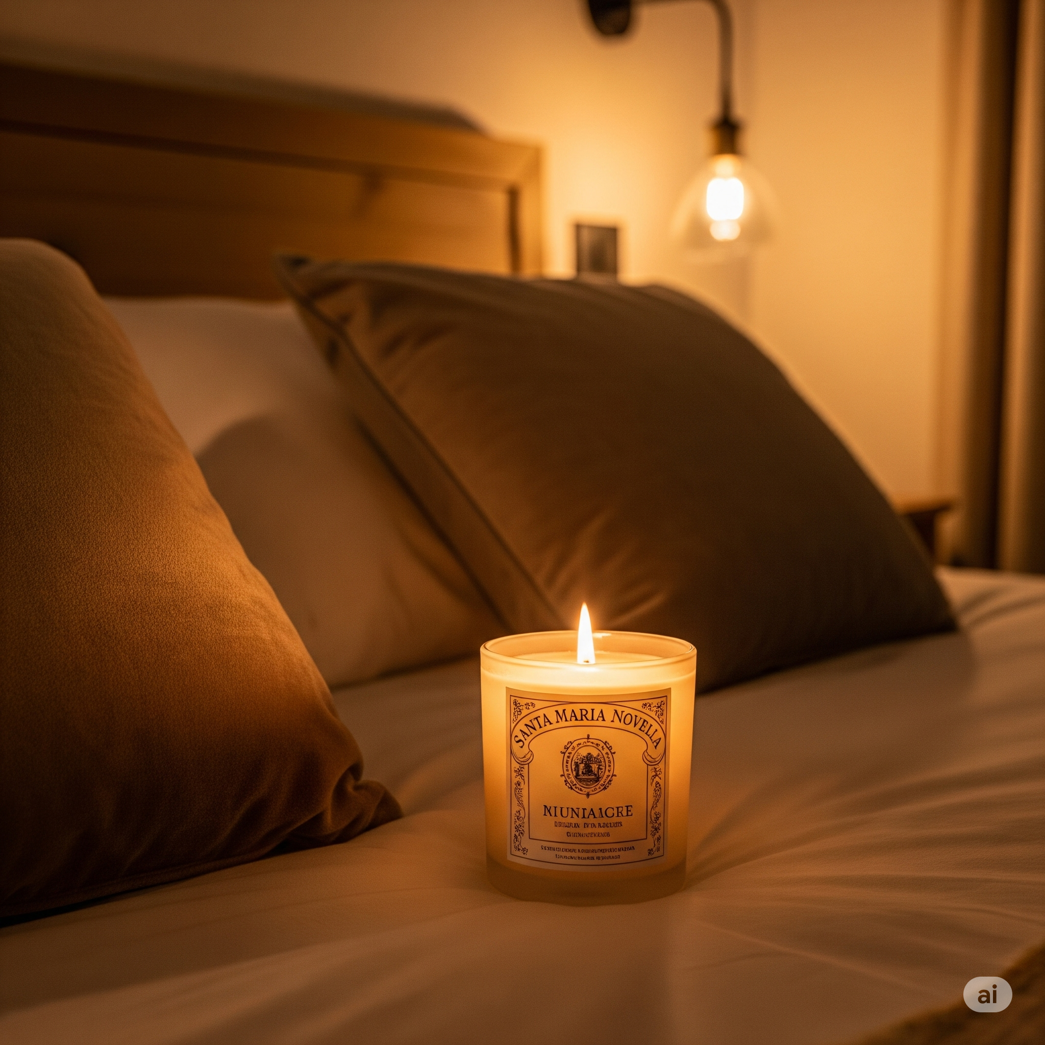 산타마리아 노벨라 향초가 놓인 아늑한 침실 전경