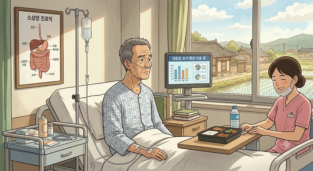 60대 중반 남성이 시골에 홀로 살면서 지나친 흡연과 음주로 대장암 초기 증상으로 병원에서 치료 받는 모습