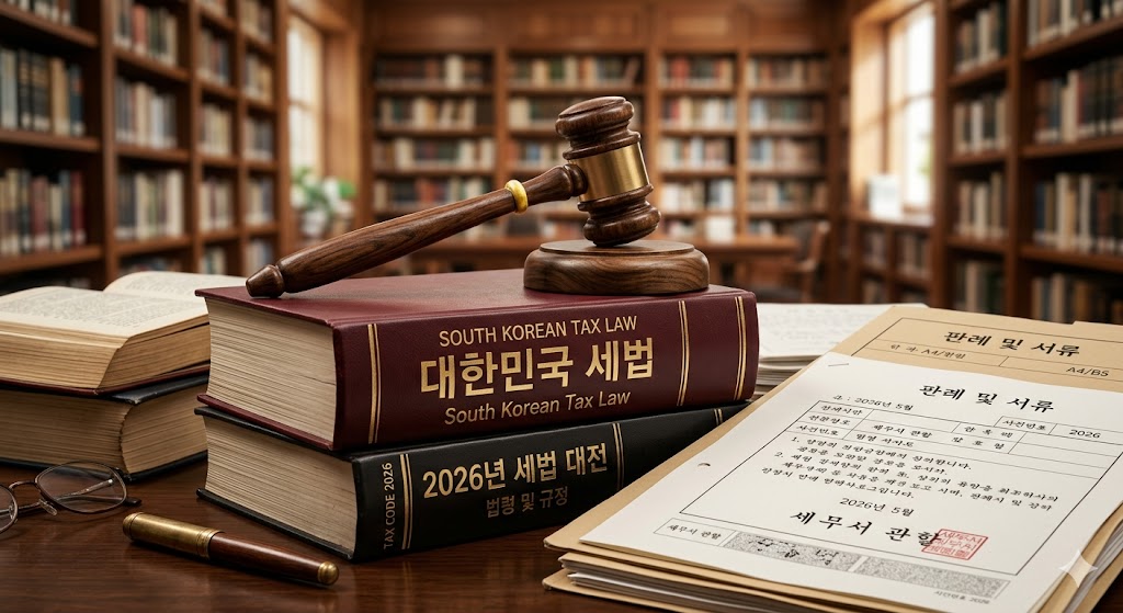 따뜻한 분위기의 서재를 배경으로 책상 위에 놓인 대한민국 세법전과 법률 서류들, 그리고 그 옆에 정갈하게 배치된 나무 법봉. 2026년 세제 개편안의 신뢰성과 법적 기준을 상징하는 깊이감 있는 전문 스튜디오 조명의 8k 초고해상도 사진.