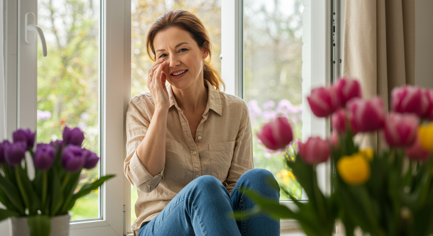 “창가에 앉아 봄꽃을 바라보며 알레르기 증상을 겪는 여성의 모습”
