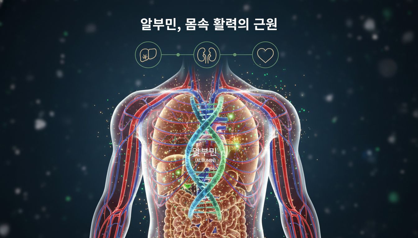 인체 장기와 DNA를 통해 알부민의 역할을 시각적으로 표현한 이미지