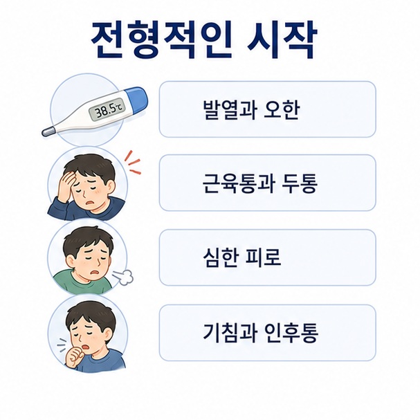 독감이 발열과 오한, 근육통과 두통, 심한 피로가 두드러진 뒤 기침과 인후통 같은 호흡기 증상이 함께 나타날 수 있음을 표현한 이미지
