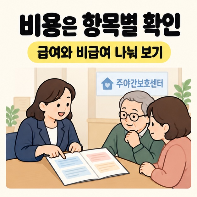 비용은 항목별 확인 문구 아래 주야간보호기관 담당자가 노인과 보호자에게 이용 견적을 설명하는 모습