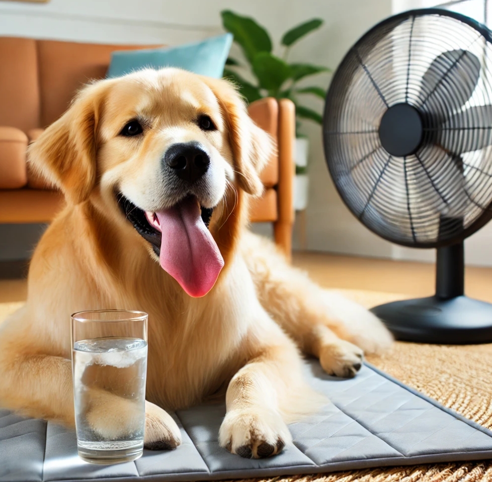 여름철 시원하고 쾌적한 환경에서 행복하게 쉬고 있는 골든 리트리버의 모습