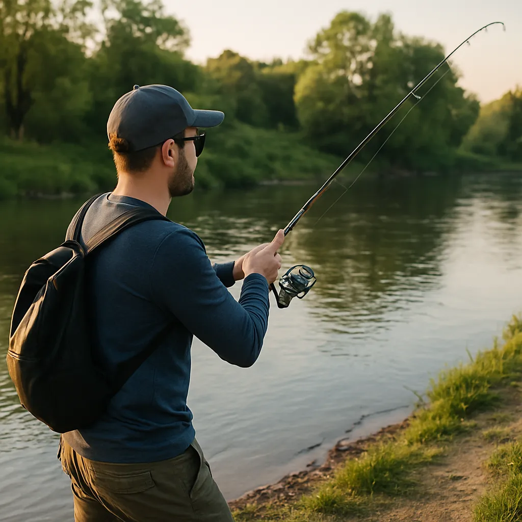 강가에서 라이트 로드로 캐스팅하는 낚시인의 뒷모습