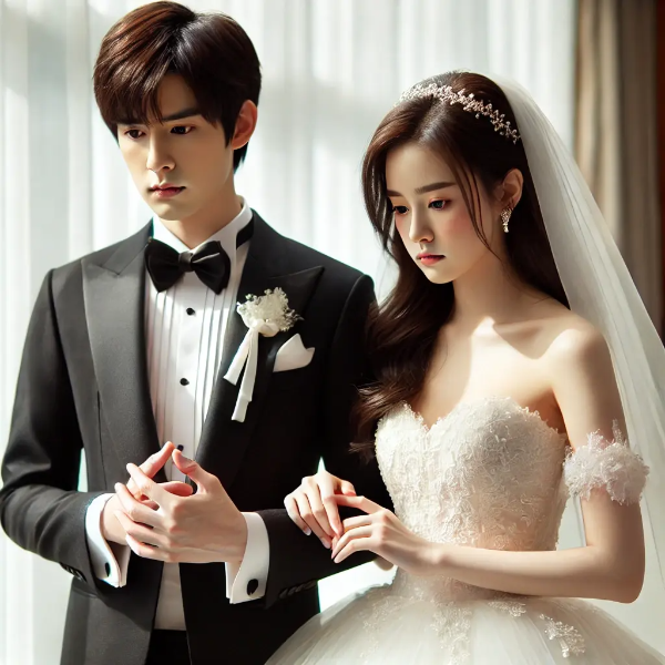 턱시도와 웨딩드레스를 입고 긴장한 신랑과 신부