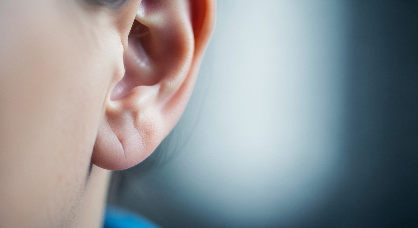 귓볼에 미세한 주름이 있는 모습의 근접 촬영 사진, 차분하고 은은한 파란색과 회색 배경