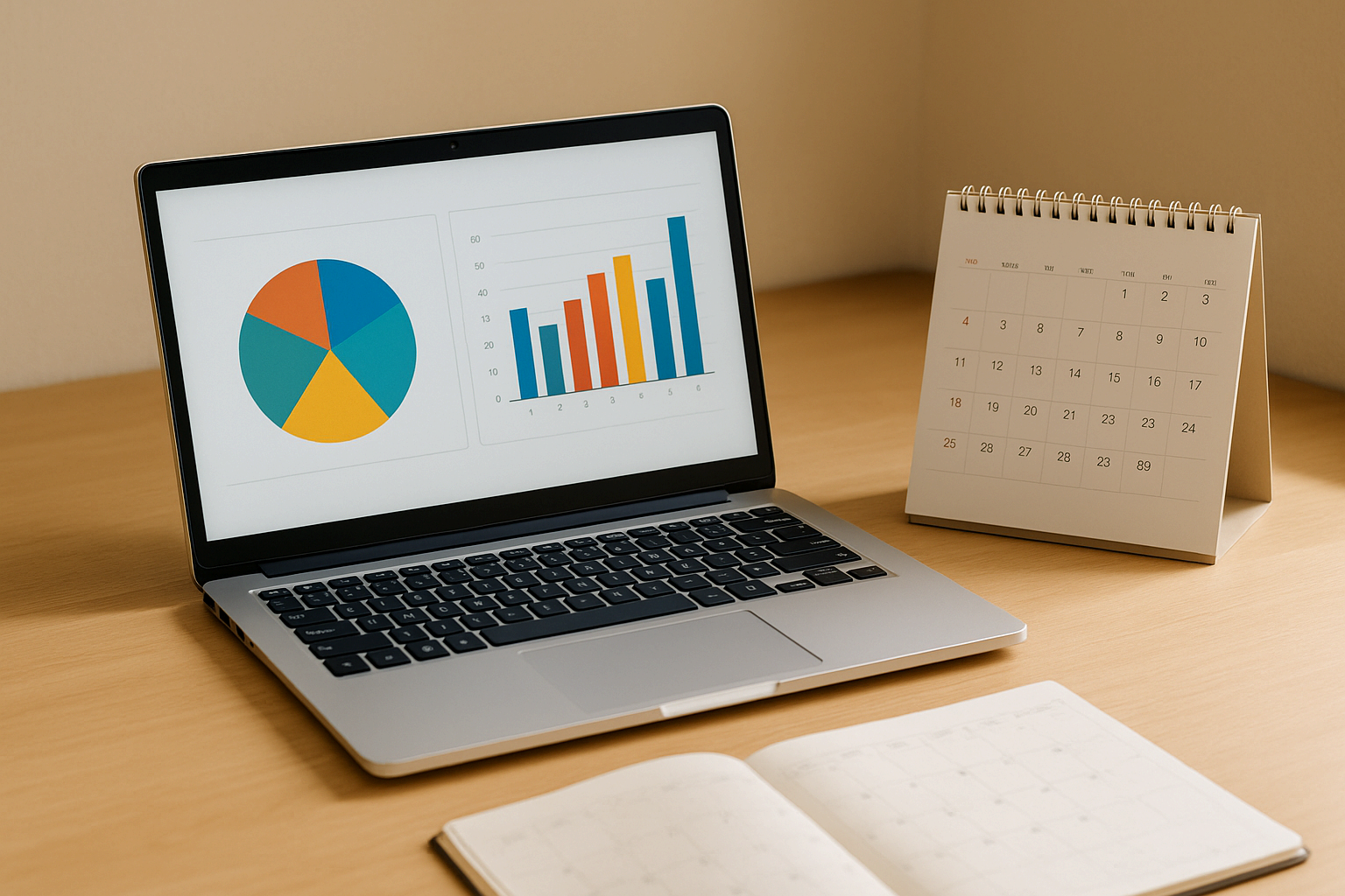노트북 화면에 원형 차트와 달력이 함께 보이는 모습