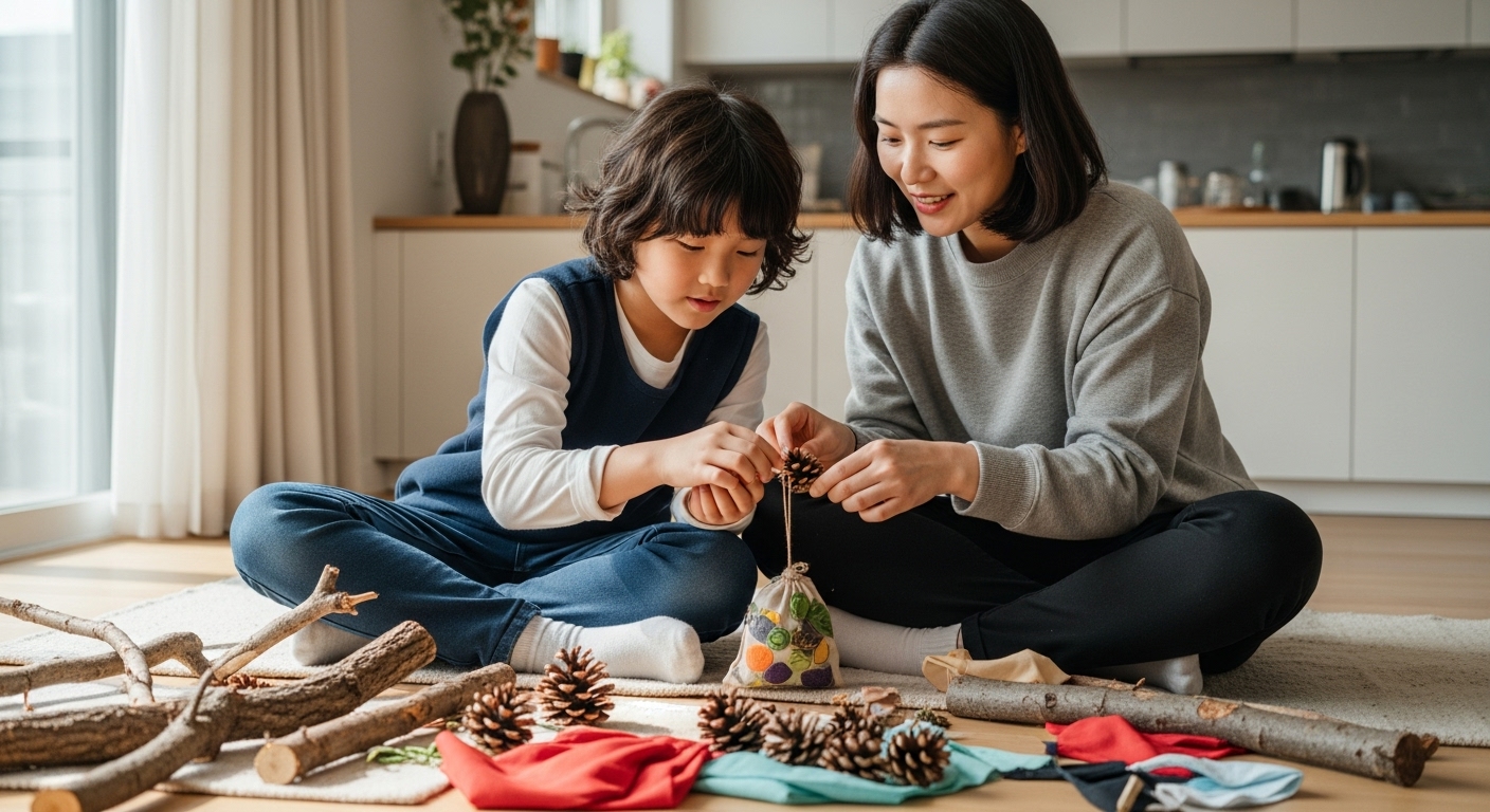 한국 엄마와 아이가 자연 재료로 상상력과 촉각을 자극하는 DIY 장난감을 함께 만드는 모습