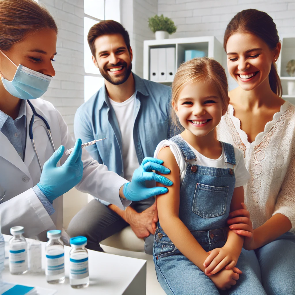 독감 예방 접종을 받는 가족의 행복한 모습