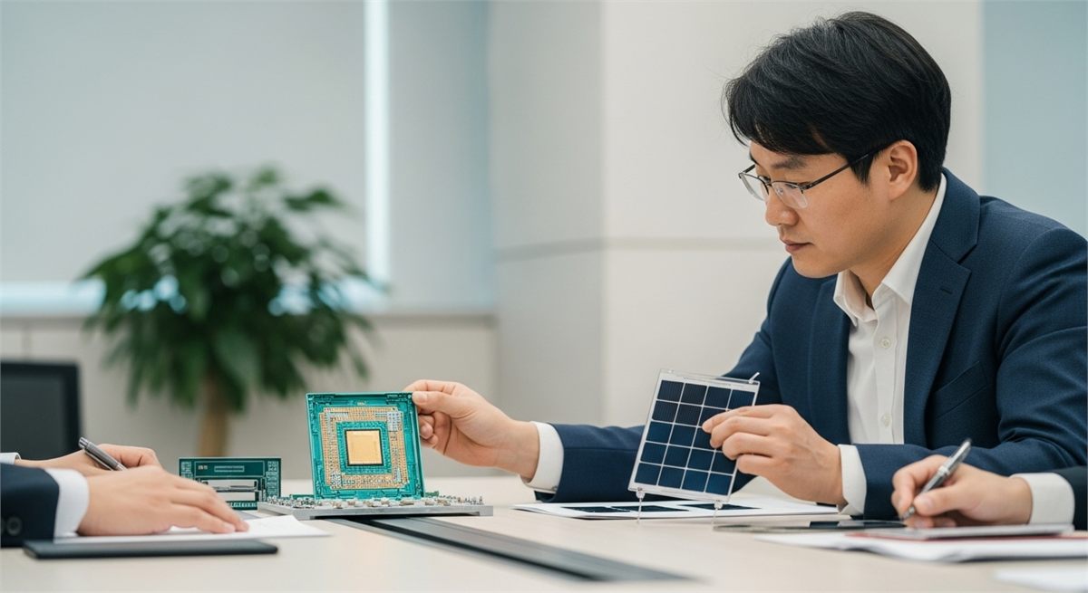 회의 테이블에서 반도체 부품과 태양전지 샘플을 비교하는 장면 