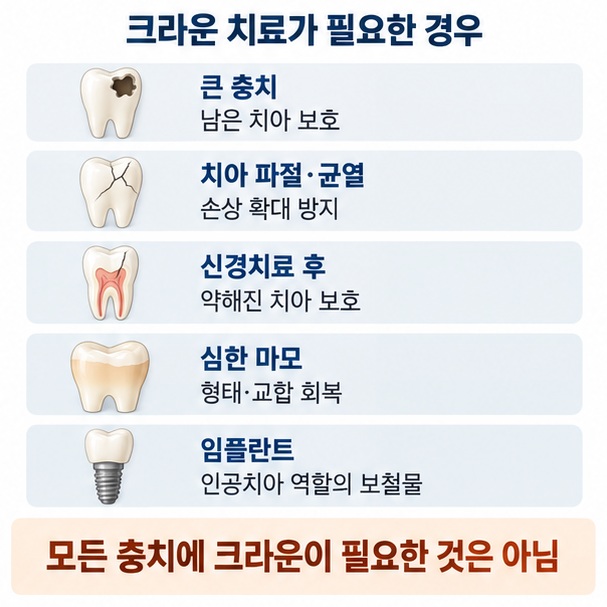 큰 충치 치아 파절 신경치료 후 심한 마모 임플란트 등 크라운 치료가 필요한 대표 상황을 정리한 이미지