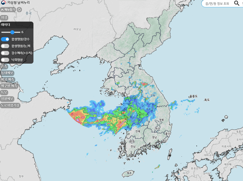 한반도 지도, 구름 레이더 모습
