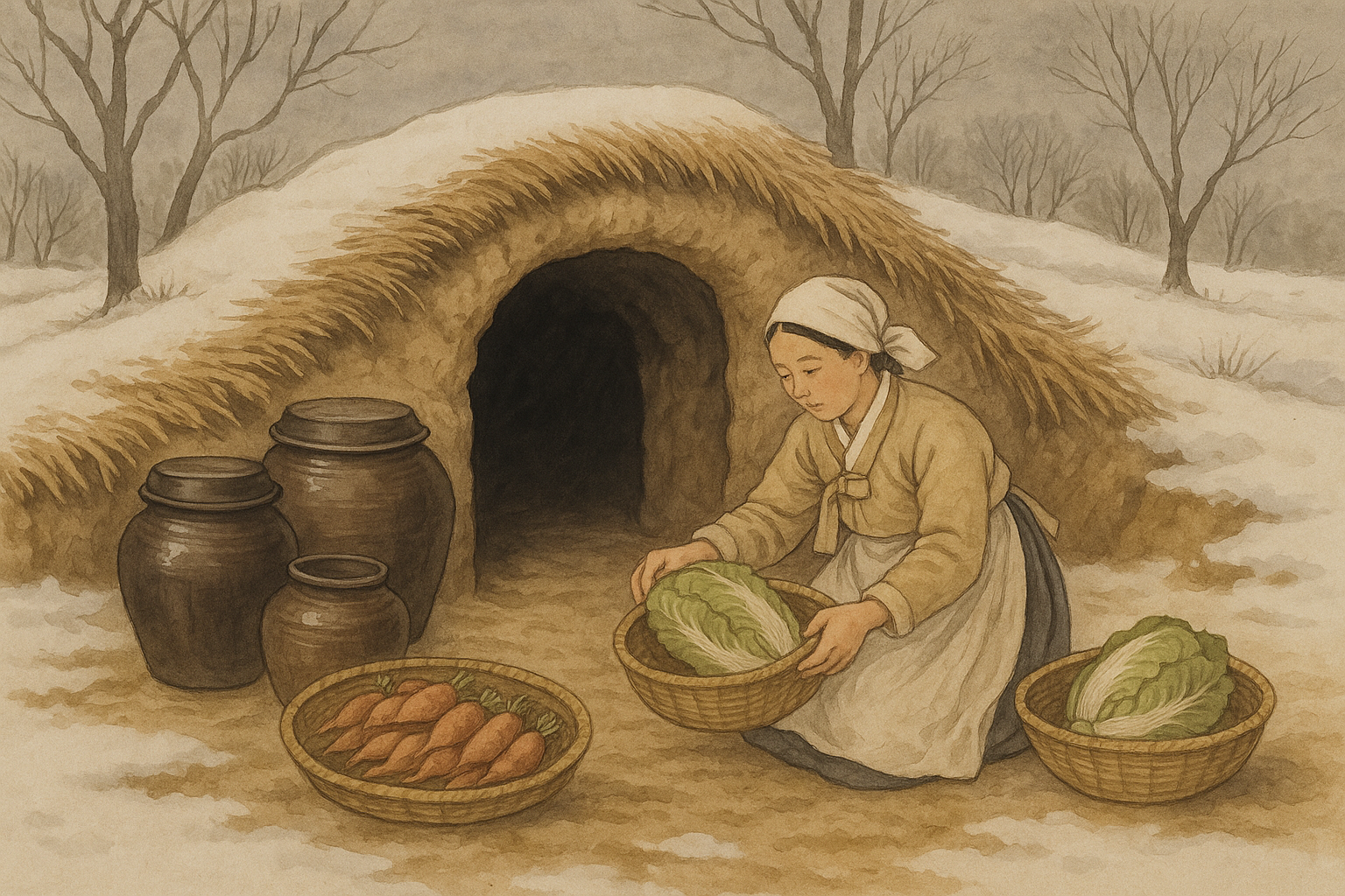 땅속으로 입구가 나 있는 전통 토굴 저장고와 그 주변에 겨울을 준비하는 풍경