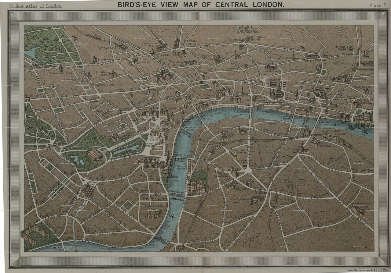 19~20세기 초 제작된 런던 중심부의 조감도 지도. 템즈강과 주변 주요 건축물이 묘사되어 있으며, 런던의 동·서·남·북 지역 구분과 도시 구조를 시각적으로 보여준다.