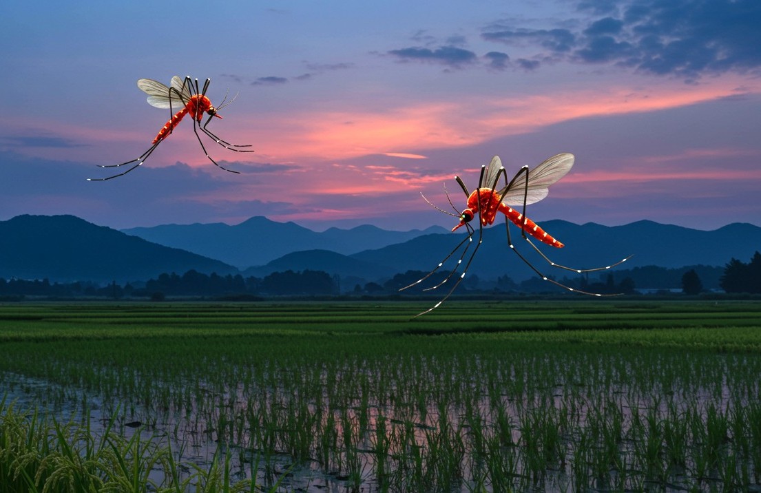 A unique editorial-style digital illustration of a small red house mosquito (Culex tritaeniorhynchus) flying near a wet rice field at dusk in Korea. The background shows a humid summer sky, faint mountain silhouettes, and a health alert sign warning of Japanese encephalitis. The style is semi-realistic with slightly exaggerated mosquito features and soft lighting to evoke a sense of urgency and awareness.