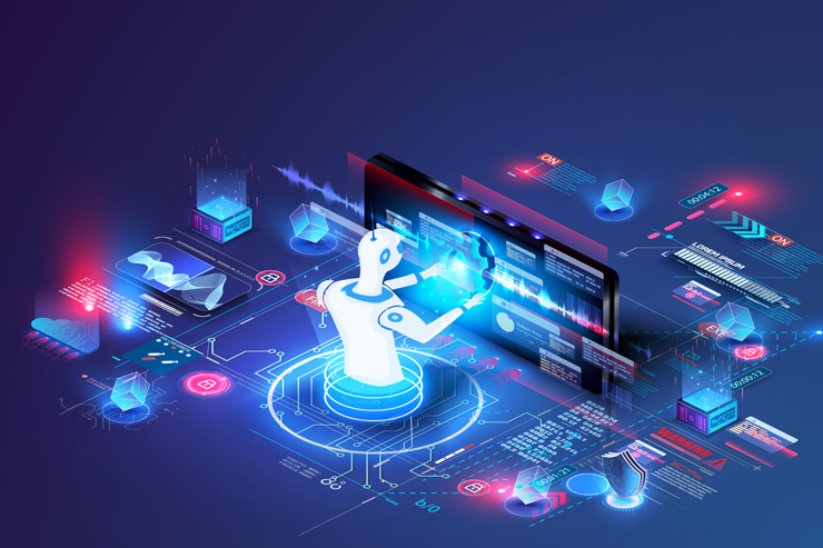 혼자 작업 중인 인공지능 AI를 묘사한 이미지