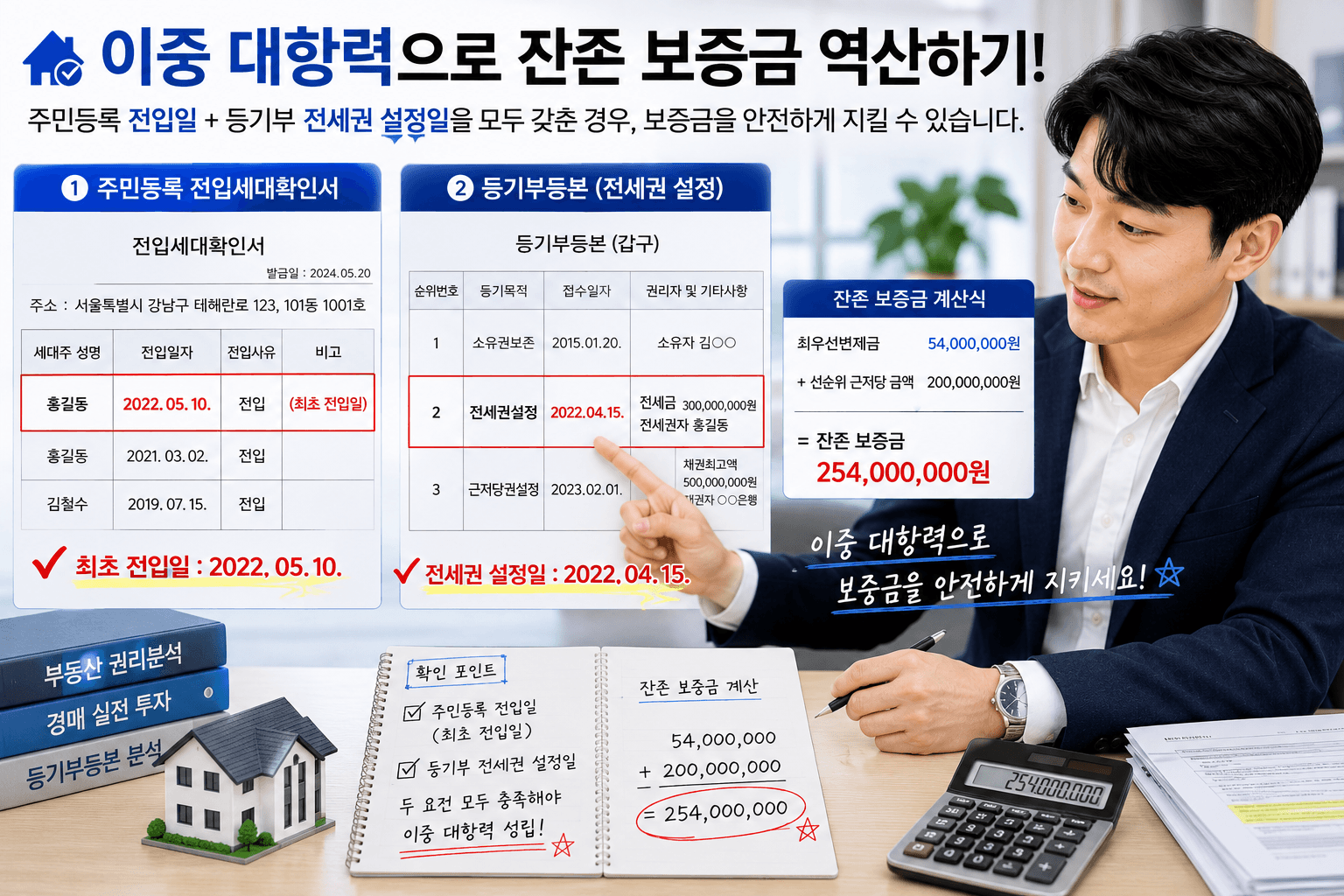부동산 투자자가 주민등록 전입세대확인서상의 최초 전입일과 등기부상 전세권 설정일을 손가락으로 짚어가며 이중 대항력의 잔존 보증금을 수식으로 역산하는 모습
