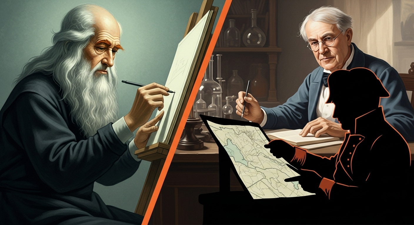 레오나르도 다빈치, 토마스 에디슨, 나폴레옹이 다상 수면을 활용하며 작업에 몰두하는 모습을 담은 역사적 영감의 삽화.