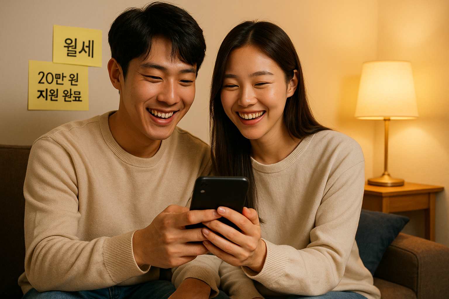 청년 남성과 여성이 월세 지원금 입금 알림을 휴대폰으로 확인하고 함께 미소 짓는 모습