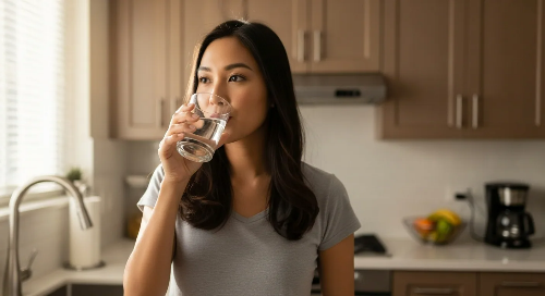 부엌에서 유리잔에 물을 가득 담고 마시고 있는 여성 모습
