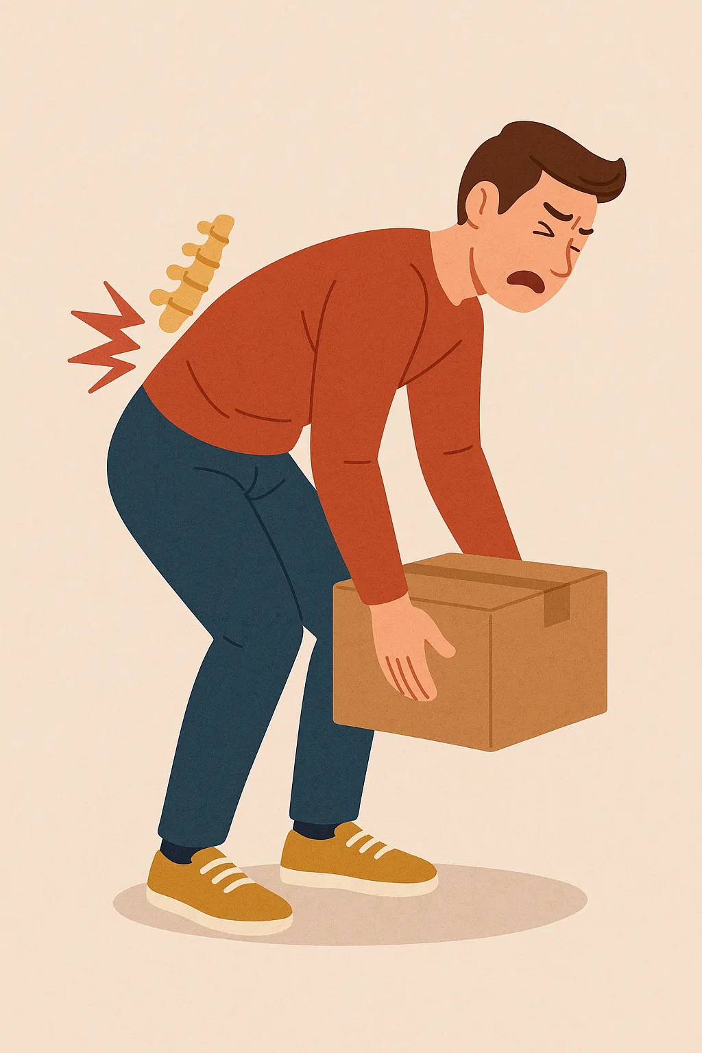 무거운-상자를-들기-위해-허리를-굽힌-남성이-허리통증을-느끼는-모습으로,-잘못된-자세가-척추에-가하는-부담을-시각적으로-표현한-건강-안전-일러스트