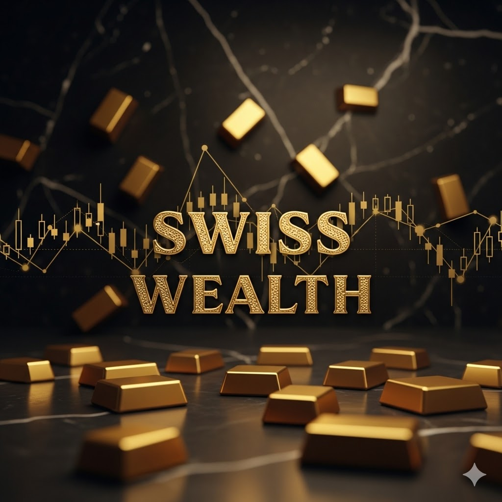 스위스 자산관리의 권위를 상징하는 금박 로고와 금괴가 놓인 고급스러운 금융 차트 배경 / Luxurious financial chart background with a gold-embossed Swiss Wealth logo and gold bars.