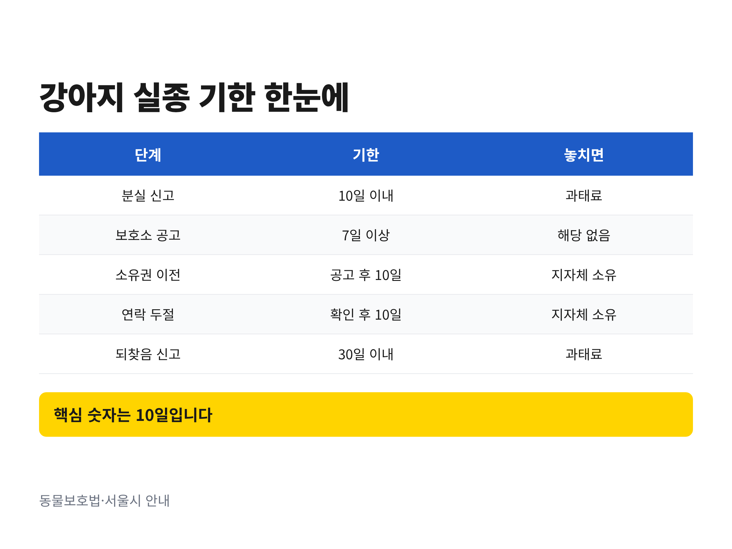 강아지 분실 신고부터 되찾음 신고까지 단계별 기한과 놓쳤을 때 결과를 정리한 표