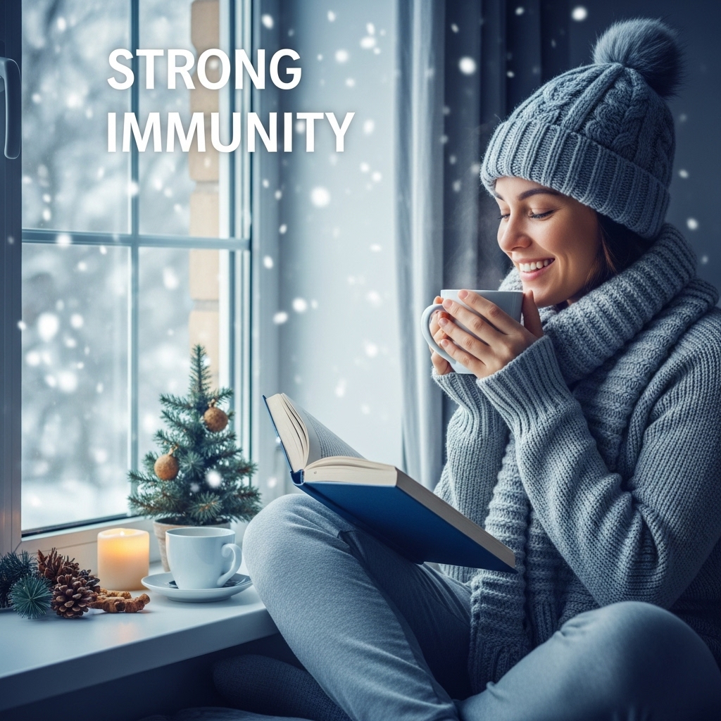 따뜻한 차를 마시며 건강하고 활기찬 모습으로 겨울을 보내는 사람의 모습. 눈이 내리는 창밖 풍경과 대비되어 편안함과 면역력 강화를 상징합니다.